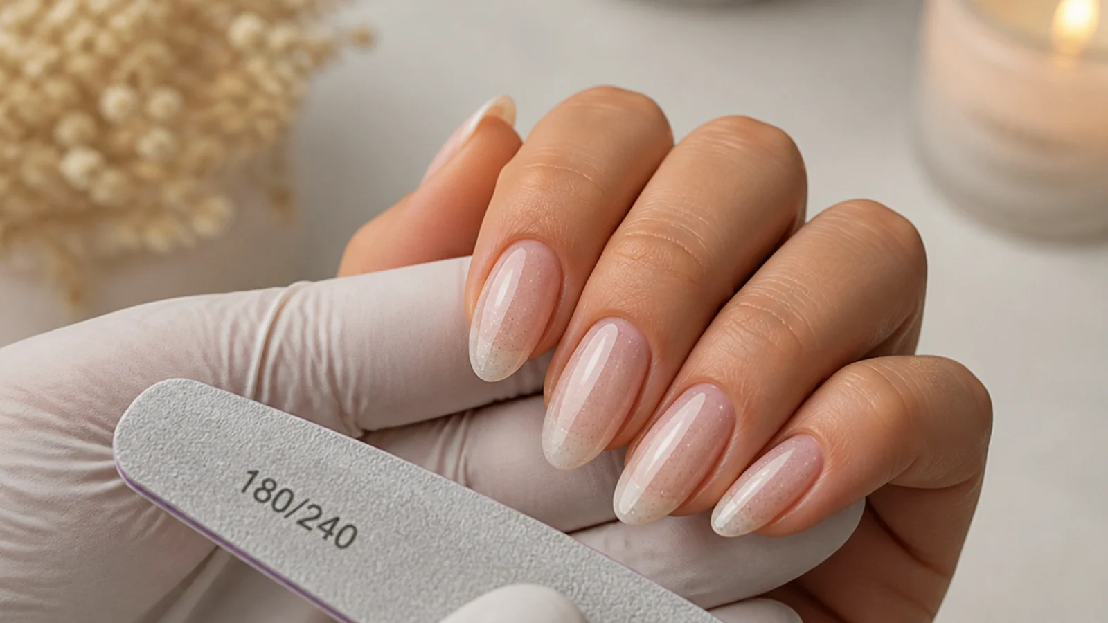 Nails being shaped and buffed in preparation for gel, on almond tips