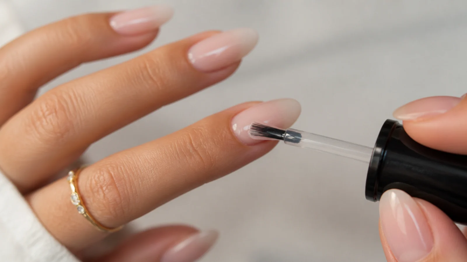 A thin gel base coat being applied to a prepped almond nail