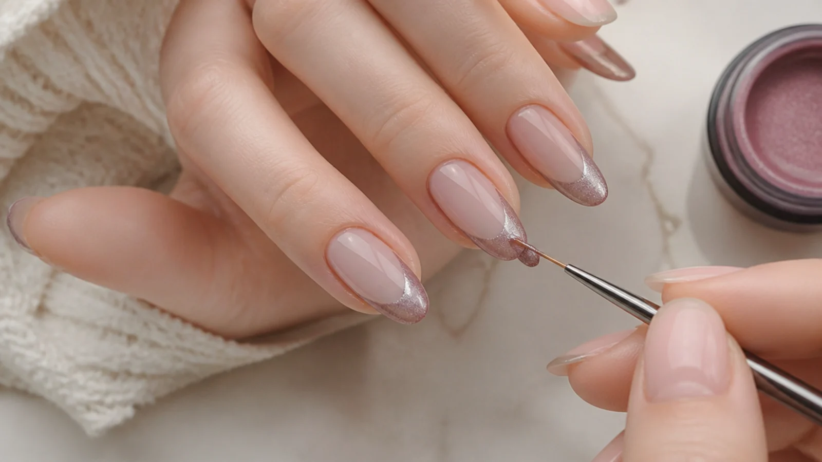 A thin french brush painting magnetic cat-eye gel along the tip of the nail