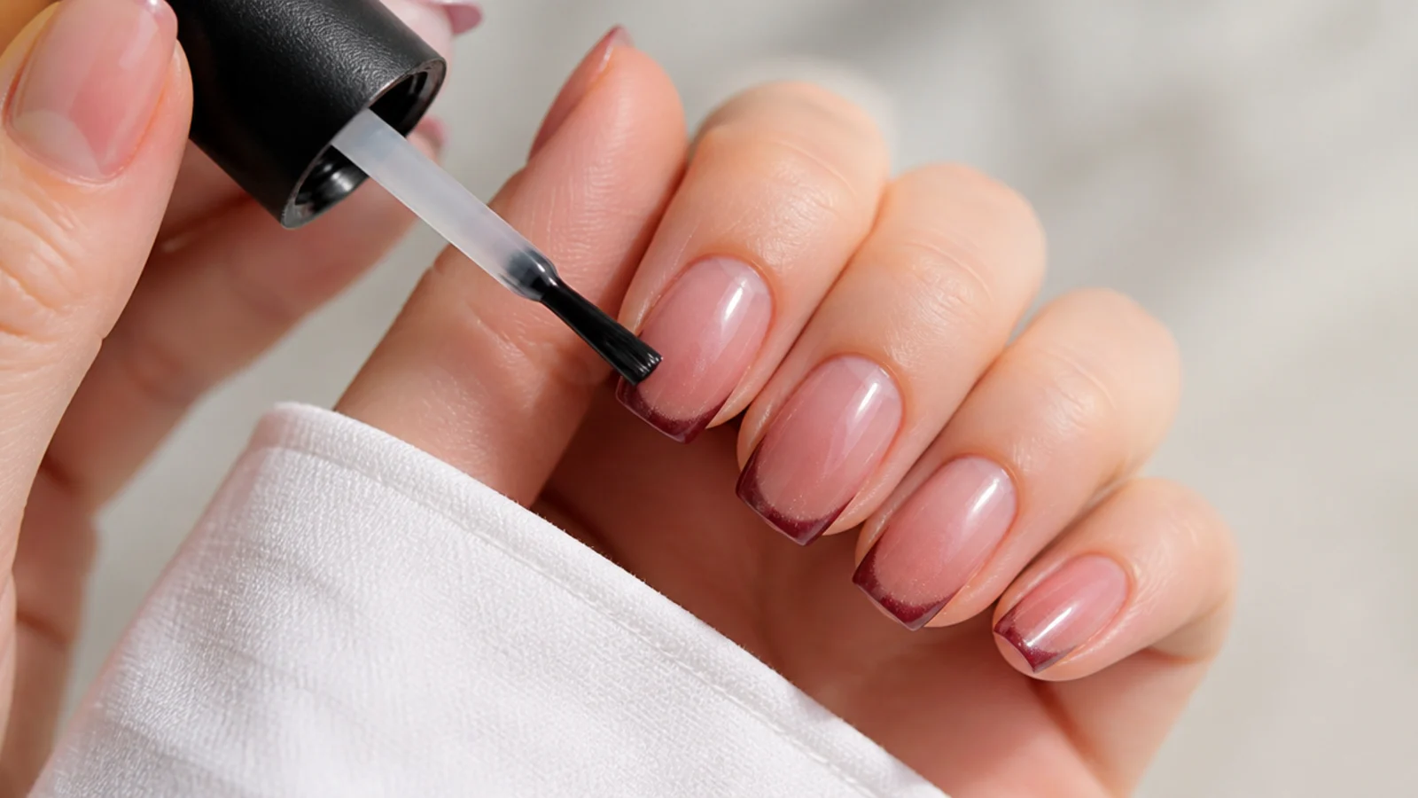 A glossy no-wipe top coat sealing the finished cat eye french tips