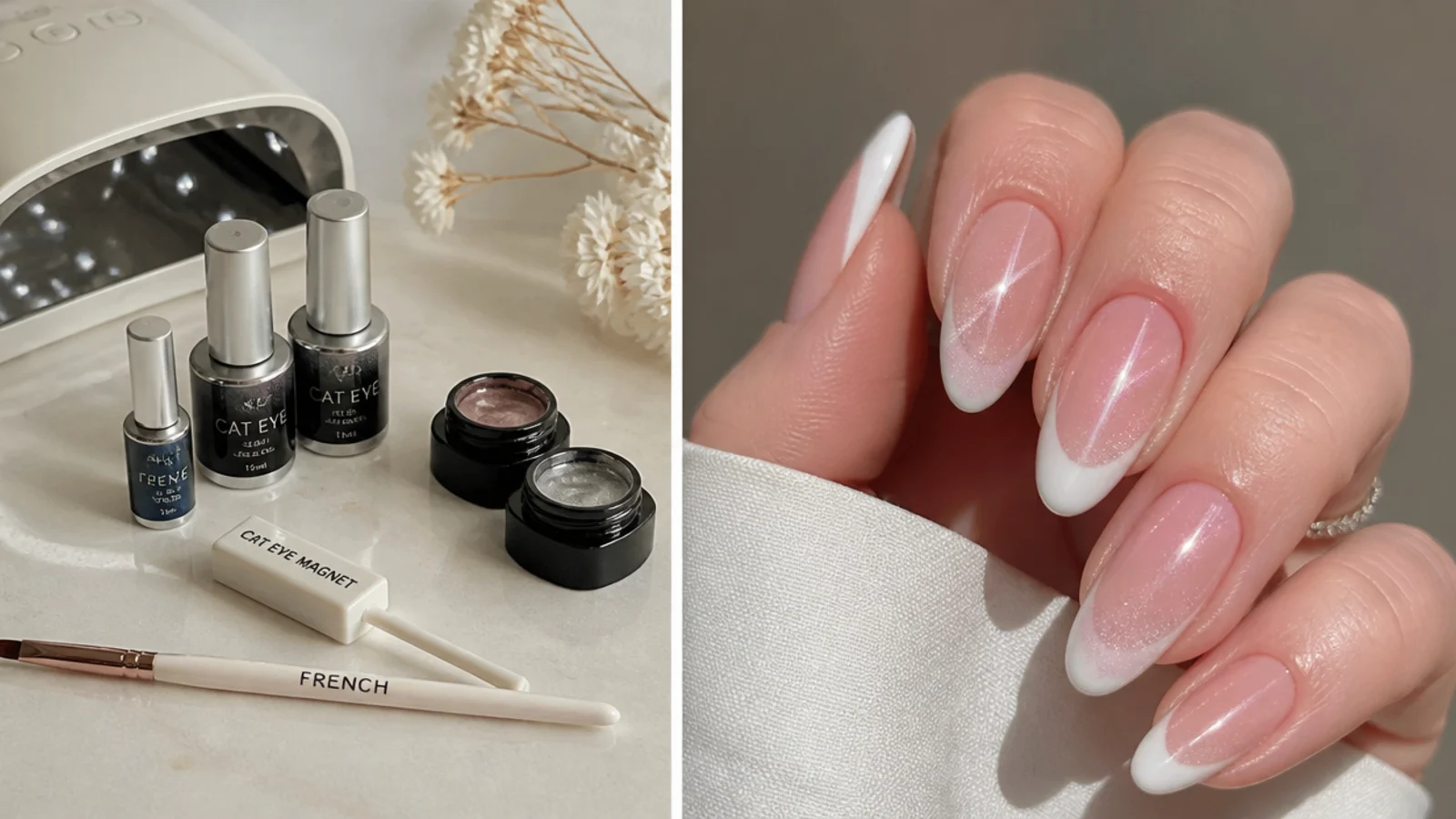 Cat eye french tip supplies - magnetic gels, a magnet, lamp and french brush