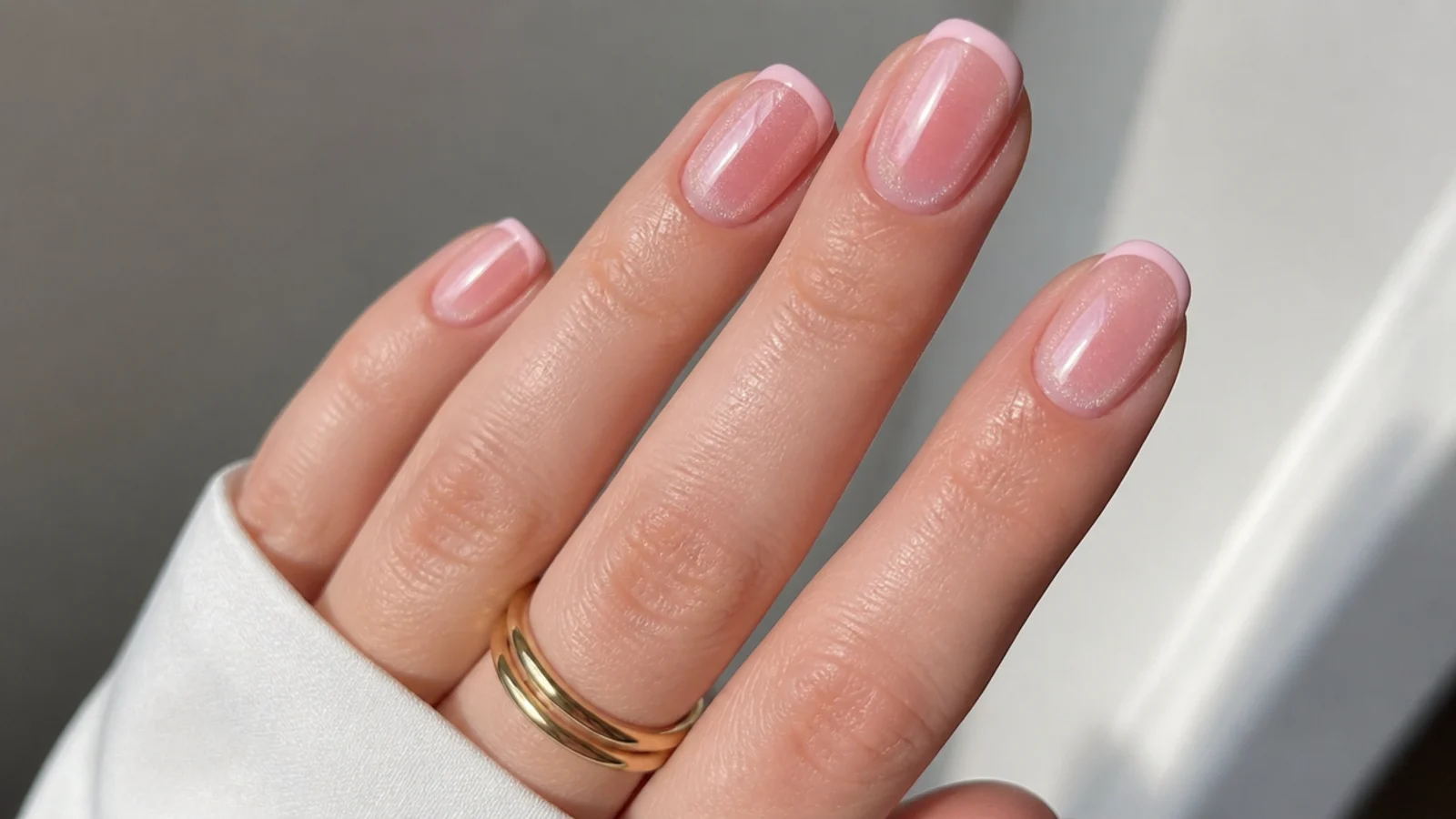 Short baby pink cat eye french tip nails with a soft light band