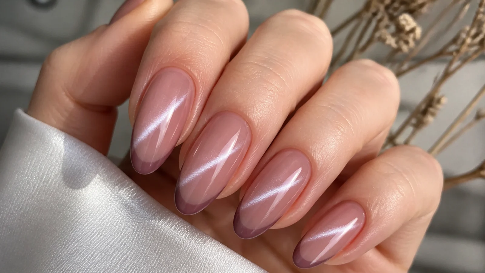 Muted mauve pink cat eye french tip nails with a soft light stripe