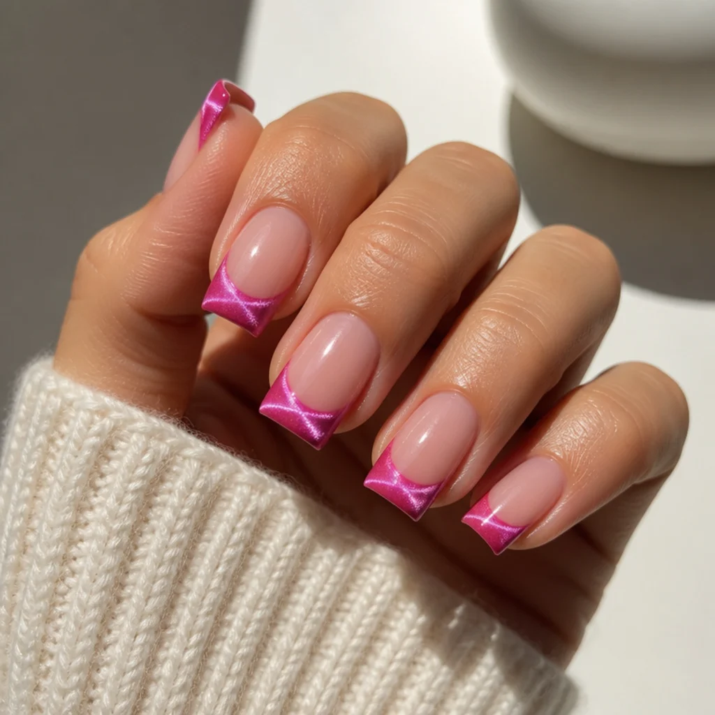 Hot pink cat eye french tip nails on a square shape with a straight light band
