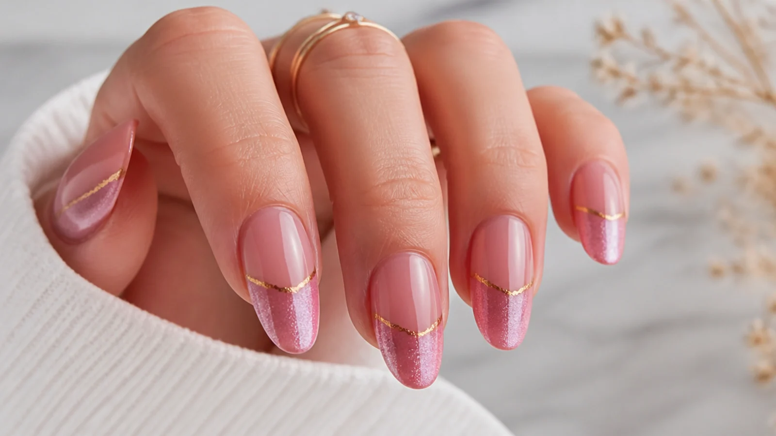 Pink cat eye french tip nails with a thin gold foil line and a magnetic band