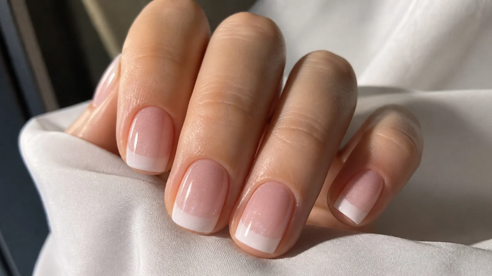 Milky pink cat eye french tip nails with a soft glow on a short square shape