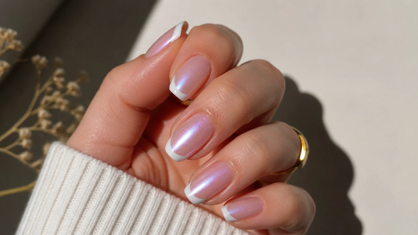 Iridescent pink pearl cat eye french tip nails with a shifting light band