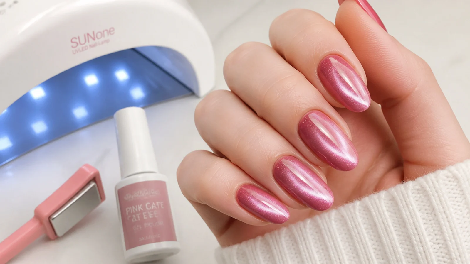 Pink magnetic gel, a magnet and an LED lamp laid out for a home manicure