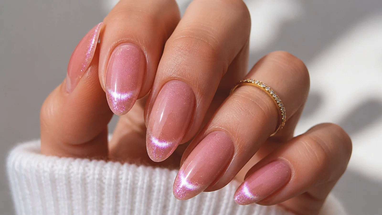 Pink cat eye french tip nails with a bright magnetic light stripe at the tips on an almond shape