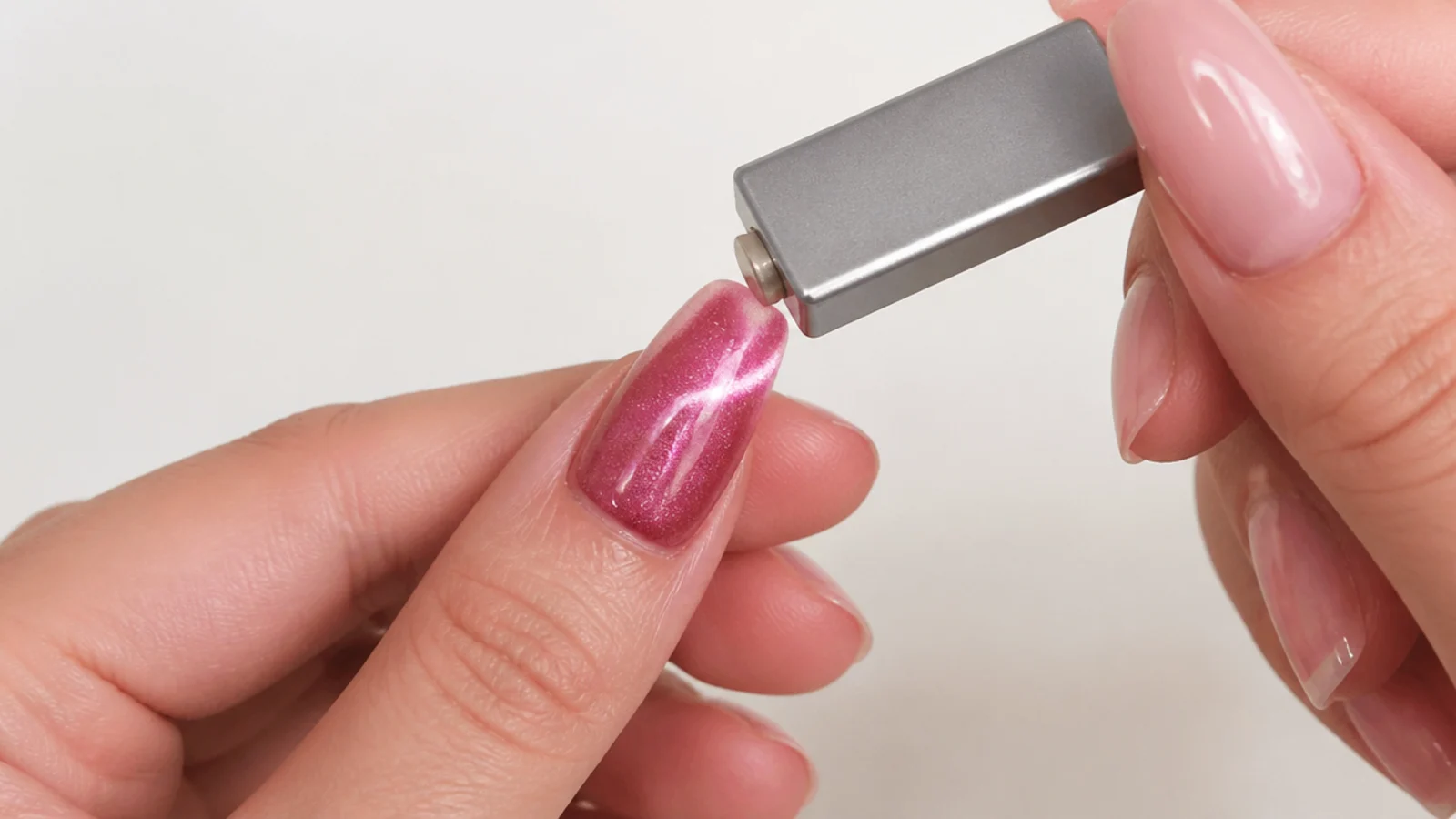 A magnet held above a wet pink magnetic gel tip pulling a bright light stripe