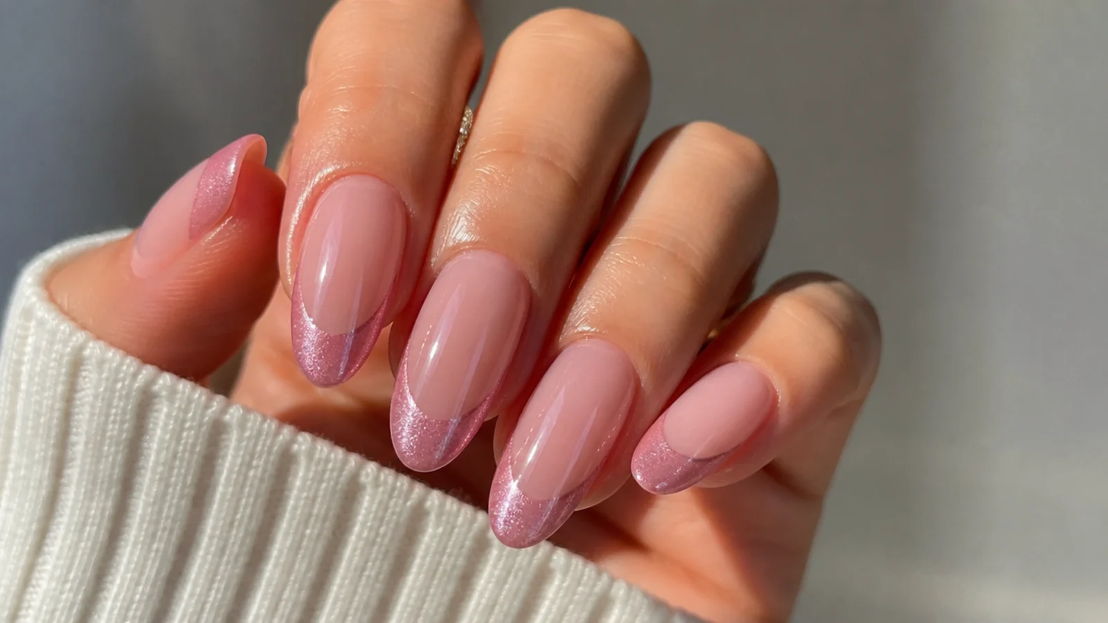 A well-sealed glossy pink cat eye french tip manicure with cuticle oil