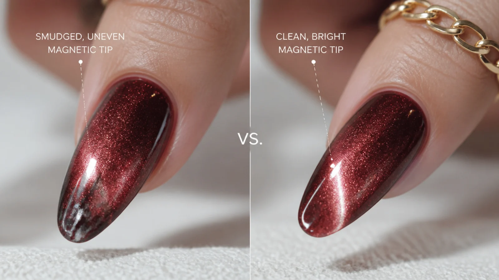 A smudged uneven magnetic tip next to a clean bright cat eye tip for comparison
