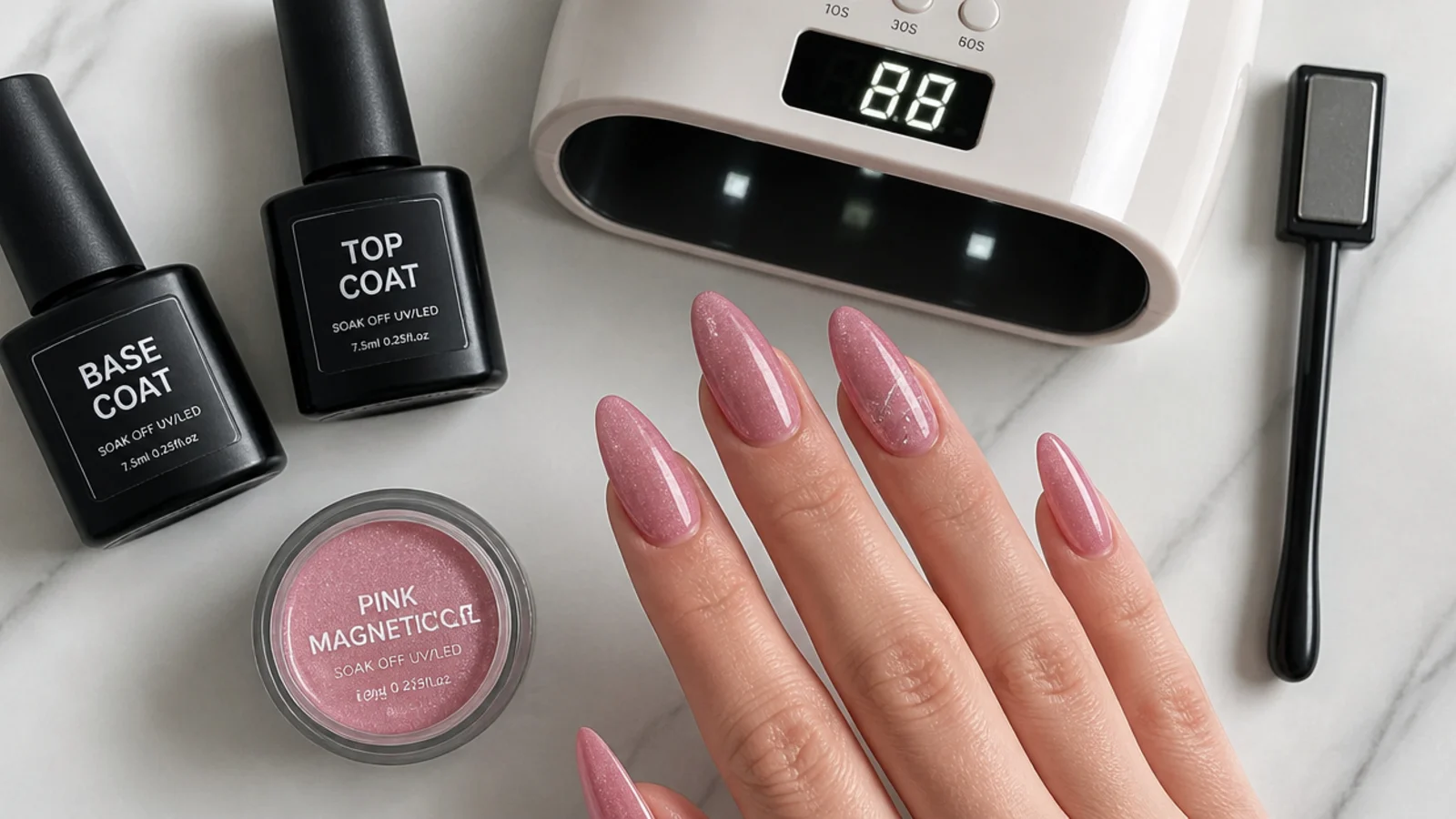 Flat lay of pink magnetic gel, a magnet, an LED lamp, base and top coat