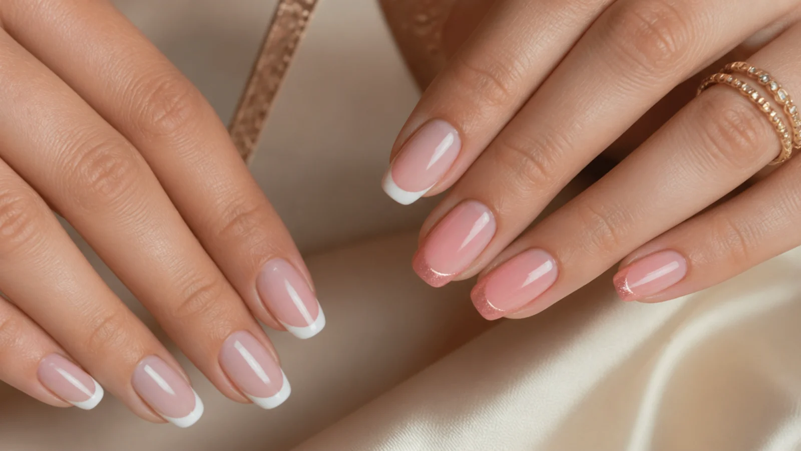 A glowing pink magnetic french tip beside a flat classic white french tip