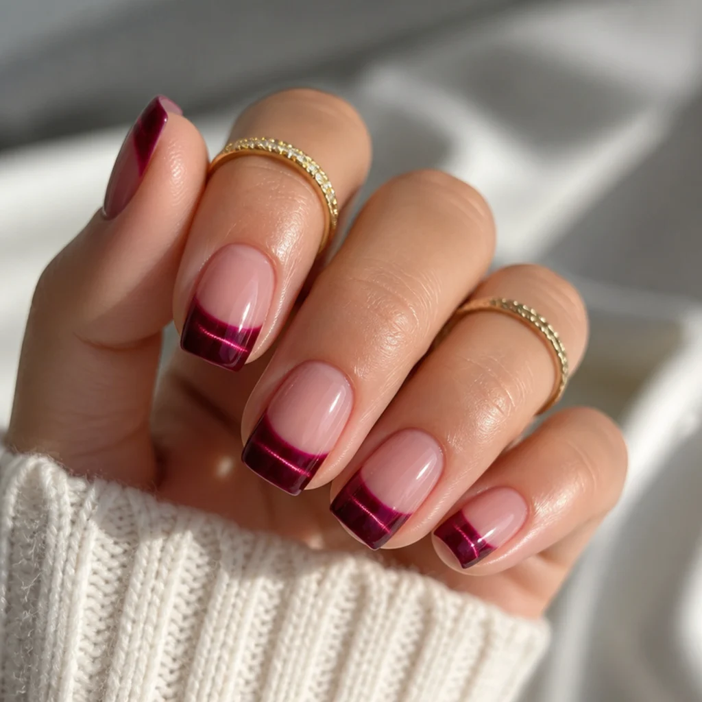 Crimson cat eye french tip nails on short square nails with a horizontal light stripe