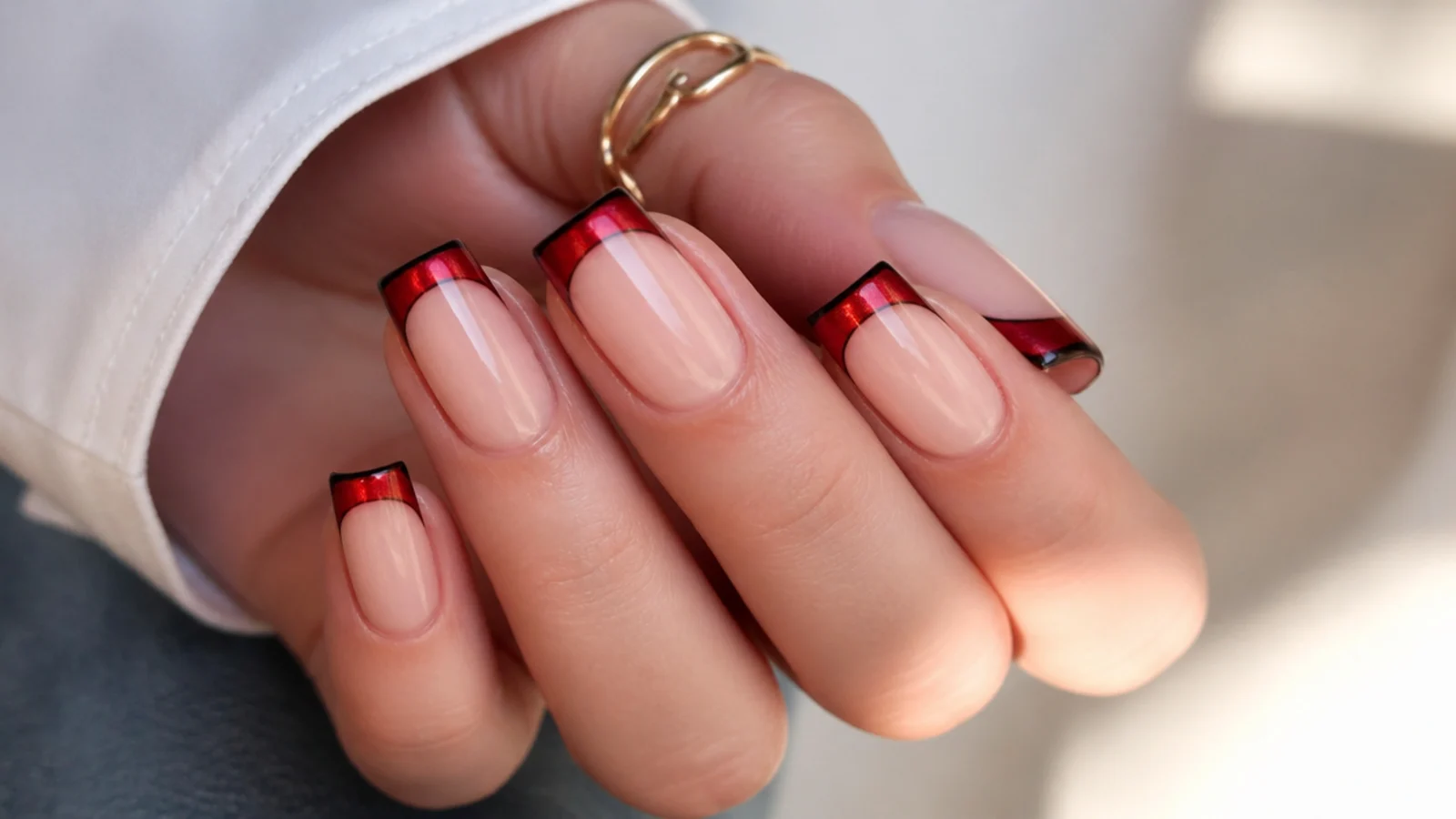 Scarlet red cat eye tip with a thin black outline on square nails