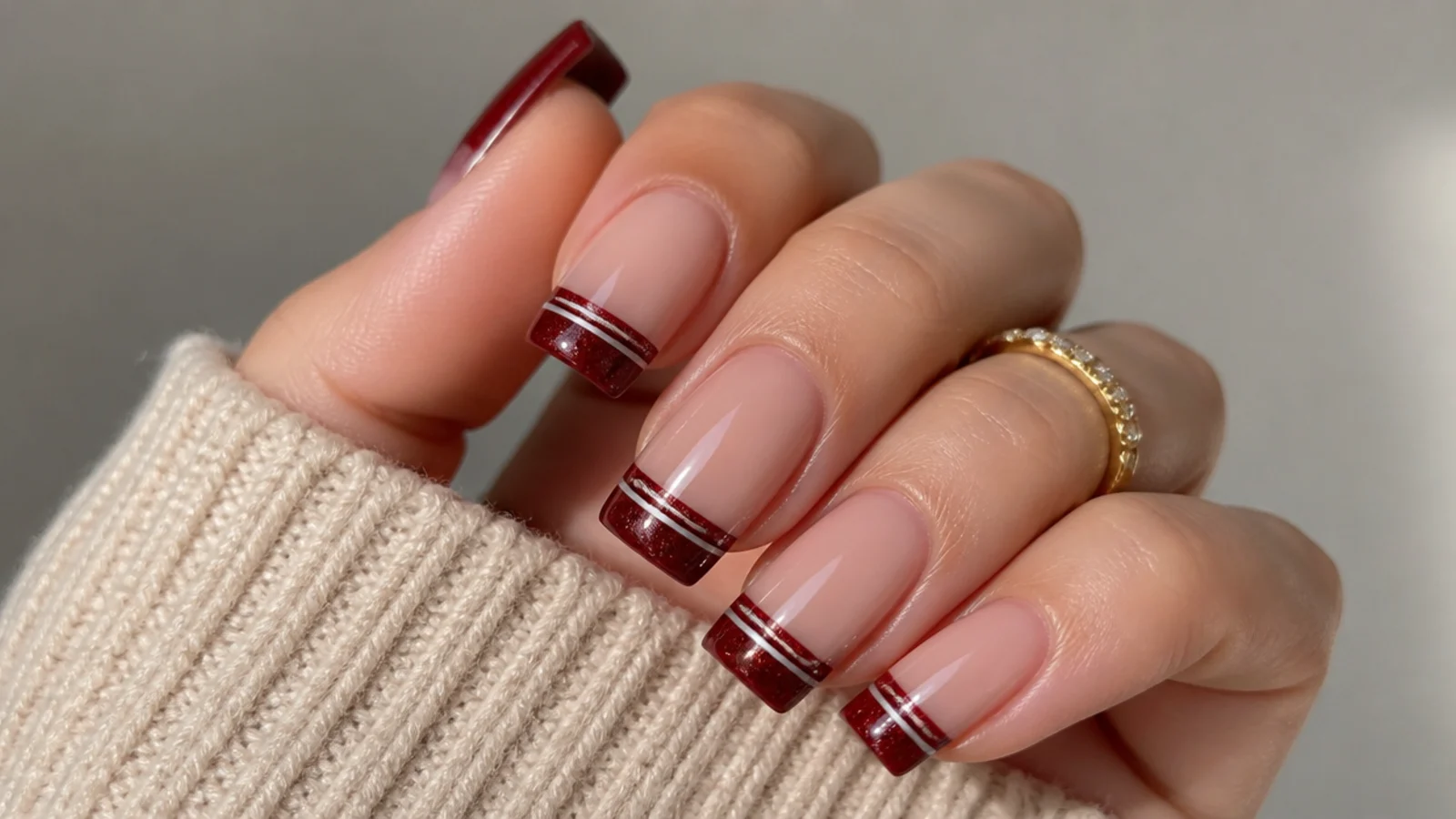 Red cat eye french tip nails with two parallel light stripes on square nails
