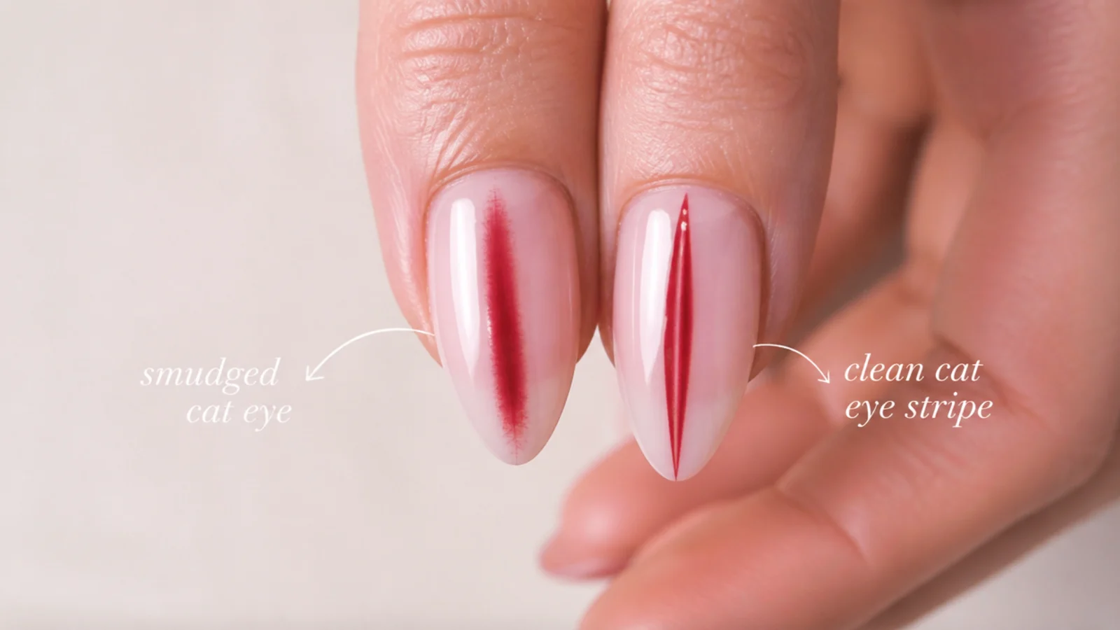 A smudged uneven red stripe next to a clean sharp red cat eye stripe for comparison