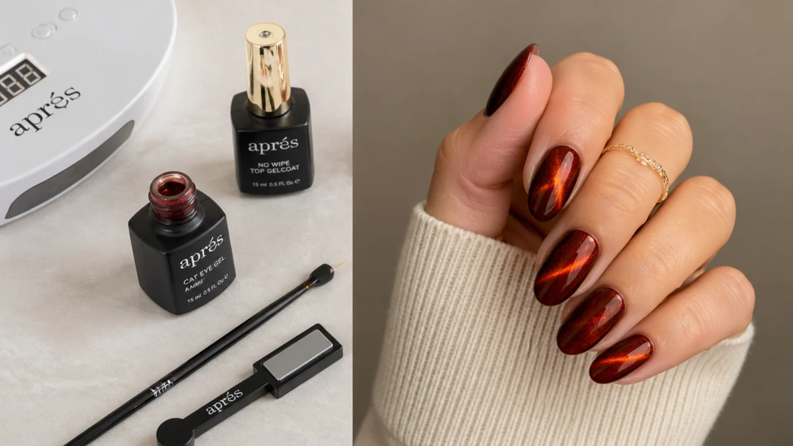 Flat lay of red magnetic cat eye gel, a magnet, lamp, liner brush and top coat