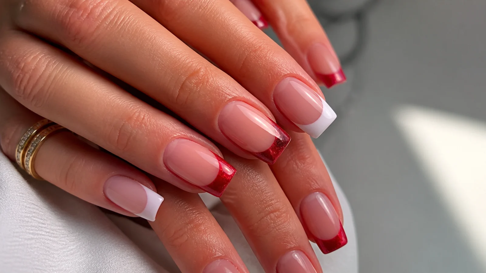 A glowing red cat eye french tip beside a flat matte classic French tip