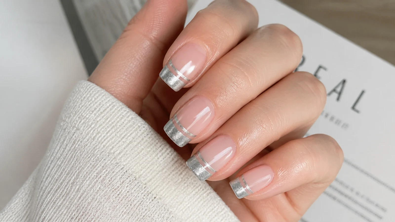 Silver cat eye french tip with two parallel light stripes on a square nail
