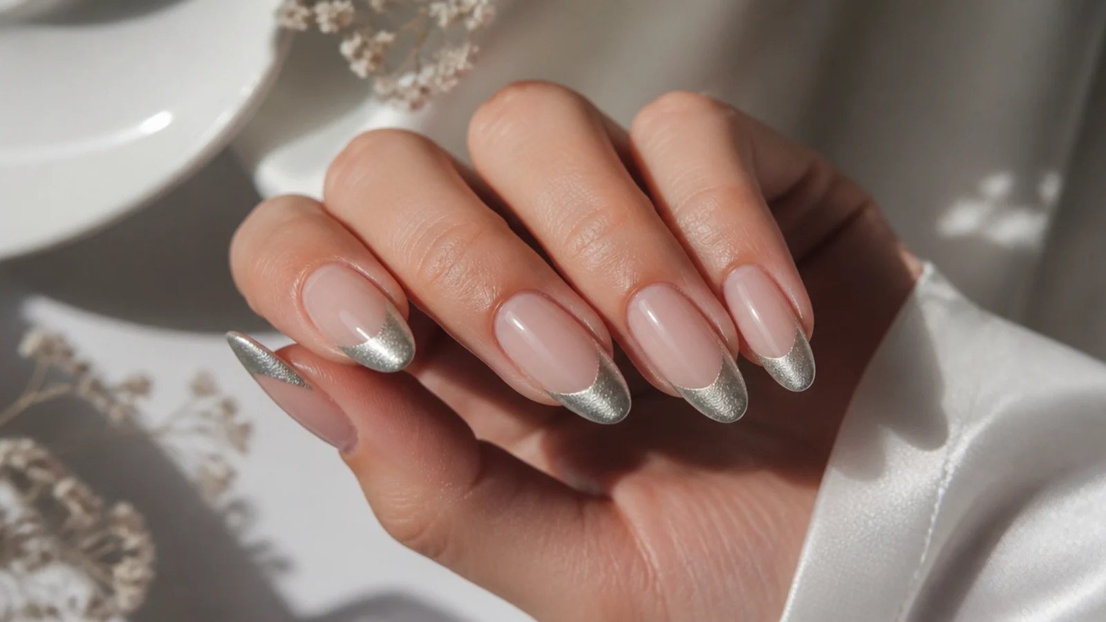 Silver cat eye french tip over a soft milky nude base on almond nails