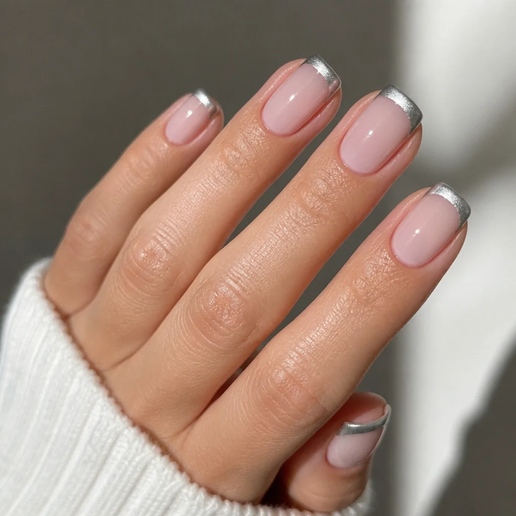 Short square nails with a straight silver cat eye french tip stripe