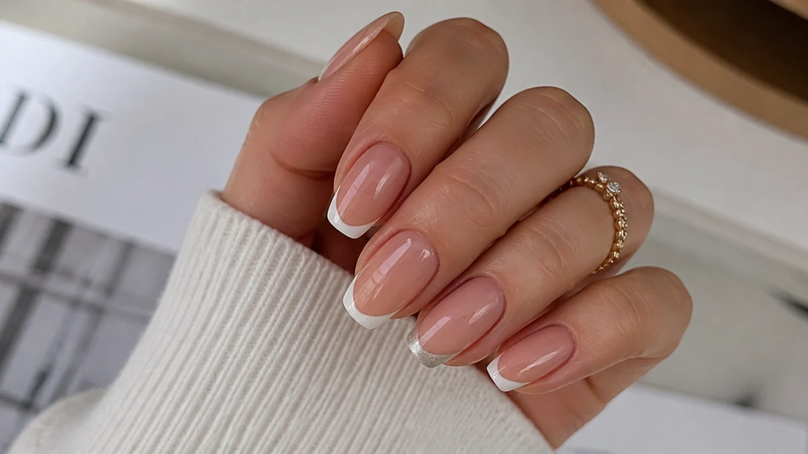 Nude french nails with one silver cat eye french tip accent on the ring finger