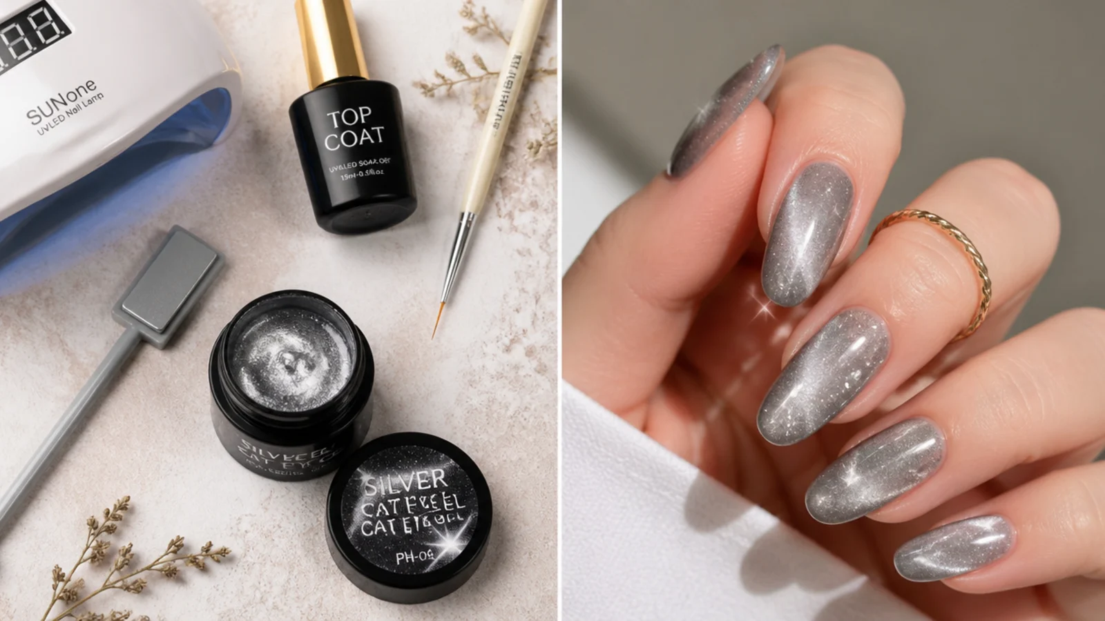 Flat lay of silver cat eye gel, a magnet, lamp, top coat and liner brush