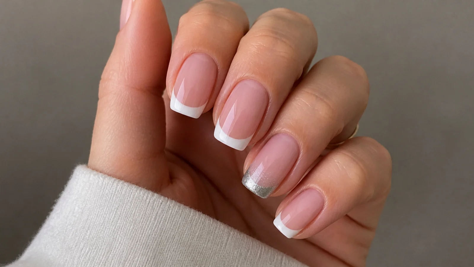 A silver cat eye french tip beside a flat white classic french tip