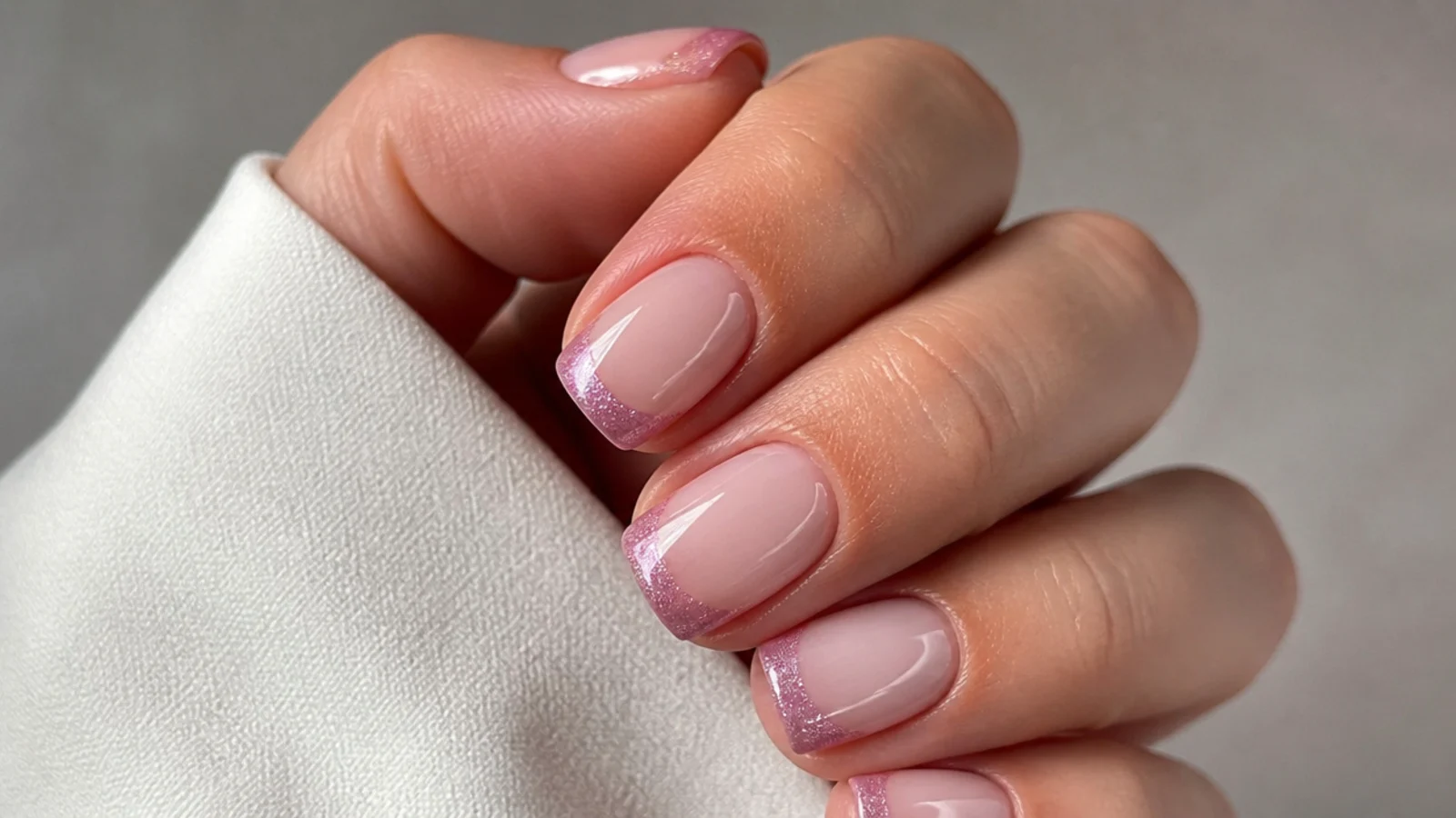 Short square nails with a soft pink magnetic cat eye french tip