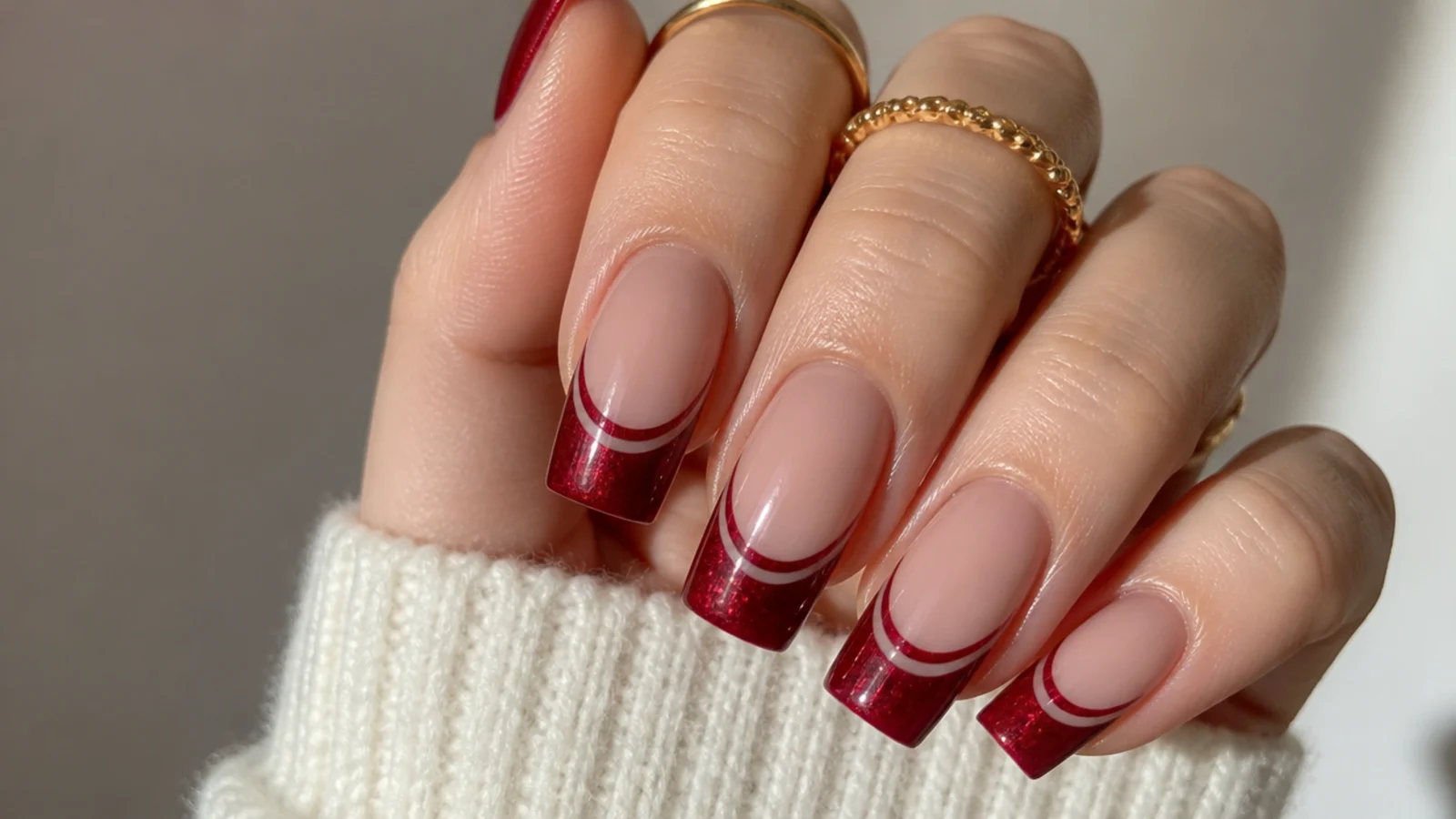 Square nails with a bold red magnetic cat eye french tip and light stripe