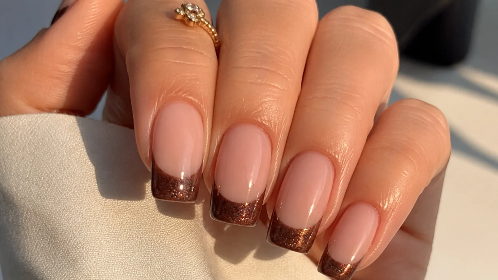 Square nails with a warm brown magnetic cat eye french tip