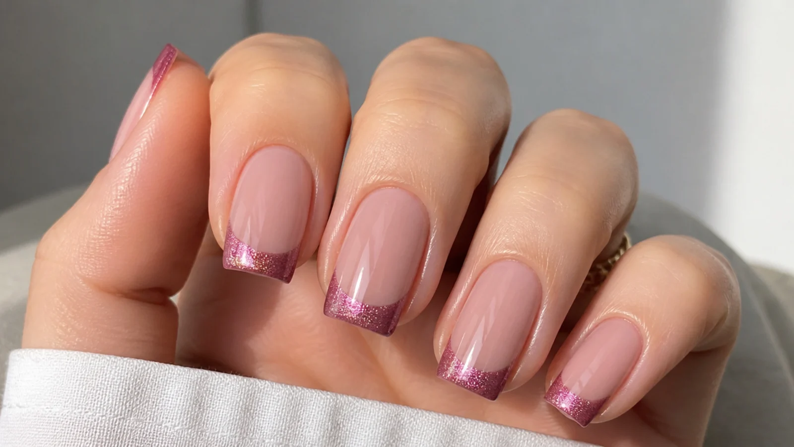 Square nails with a deeper rose pink magnetic cat eye french tip