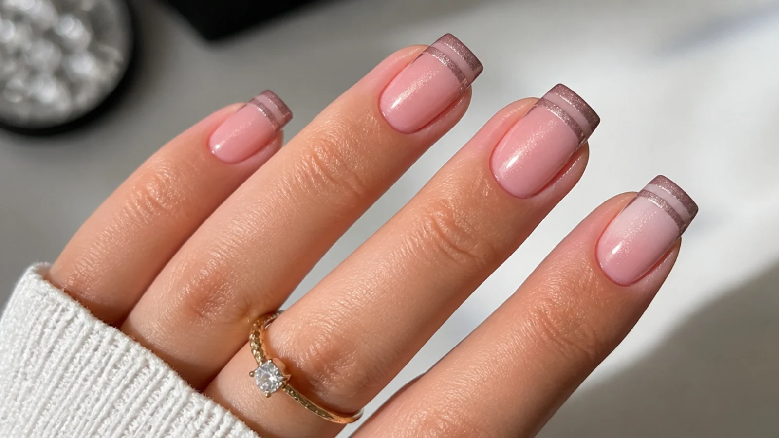 Square nails with two parallel magnetic light stripes on the french tip