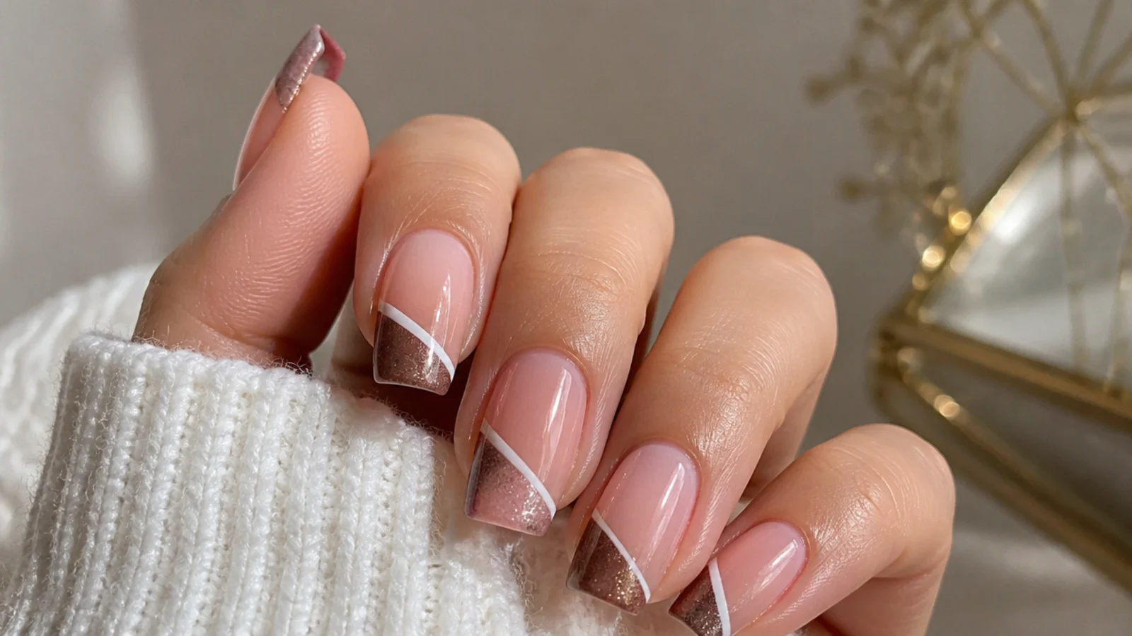 Square nails with a diagonal magnetic cat eye stripe across the french tip