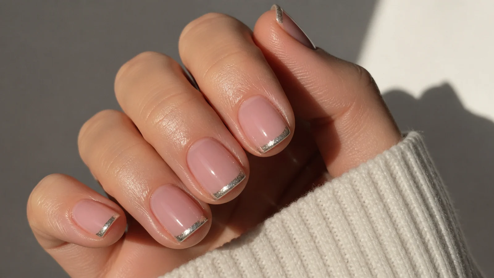 Short square nails with a thin micro magnetic cat eye french tip