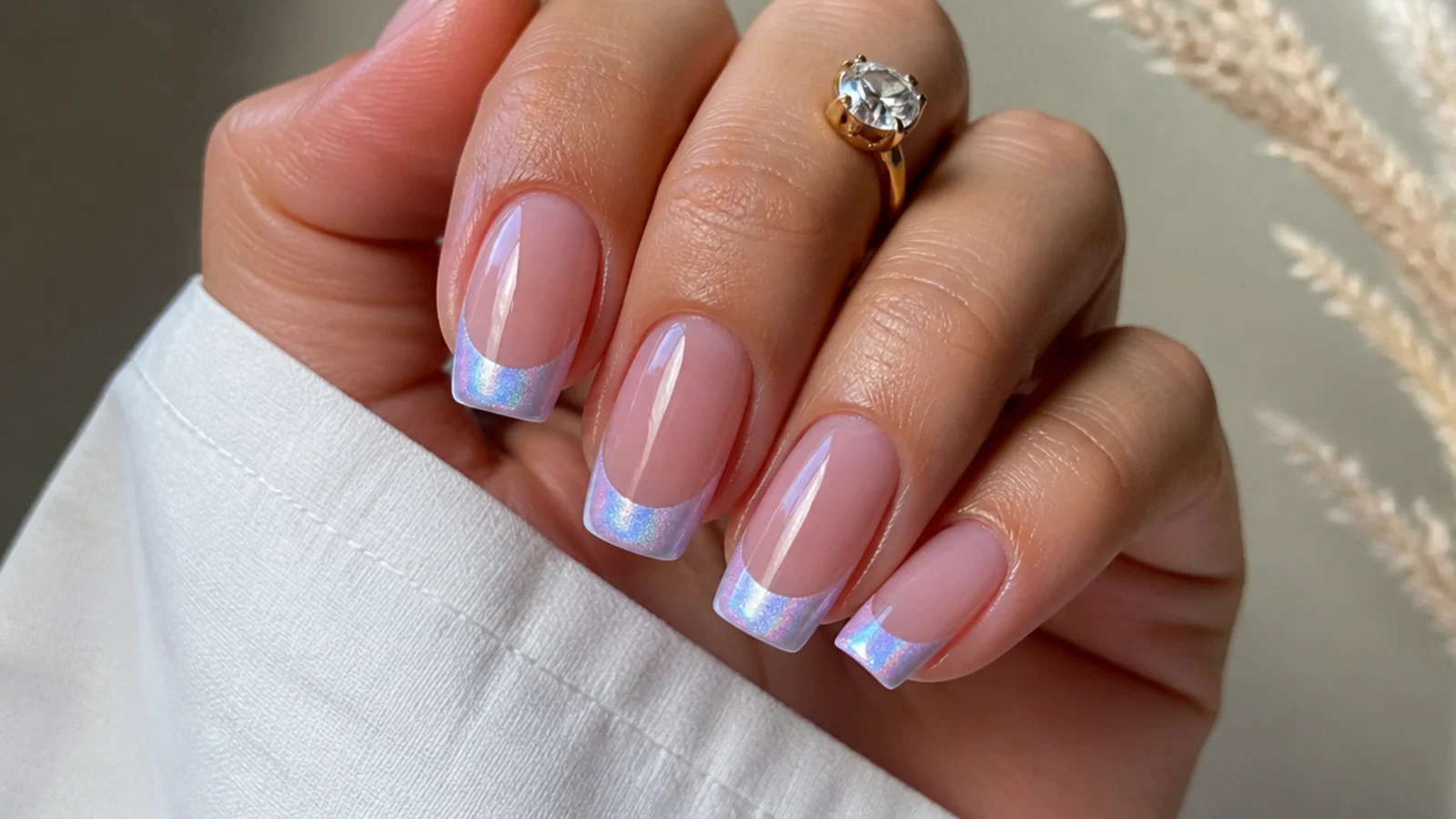 Square nails with a pearly iridescent magnetic cat eye french tip