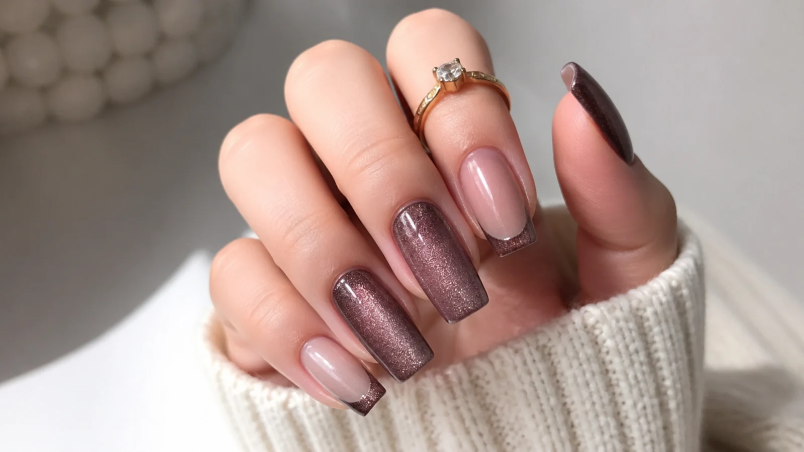 Square nails mixing full cat eye nails with cat eye french tip accents