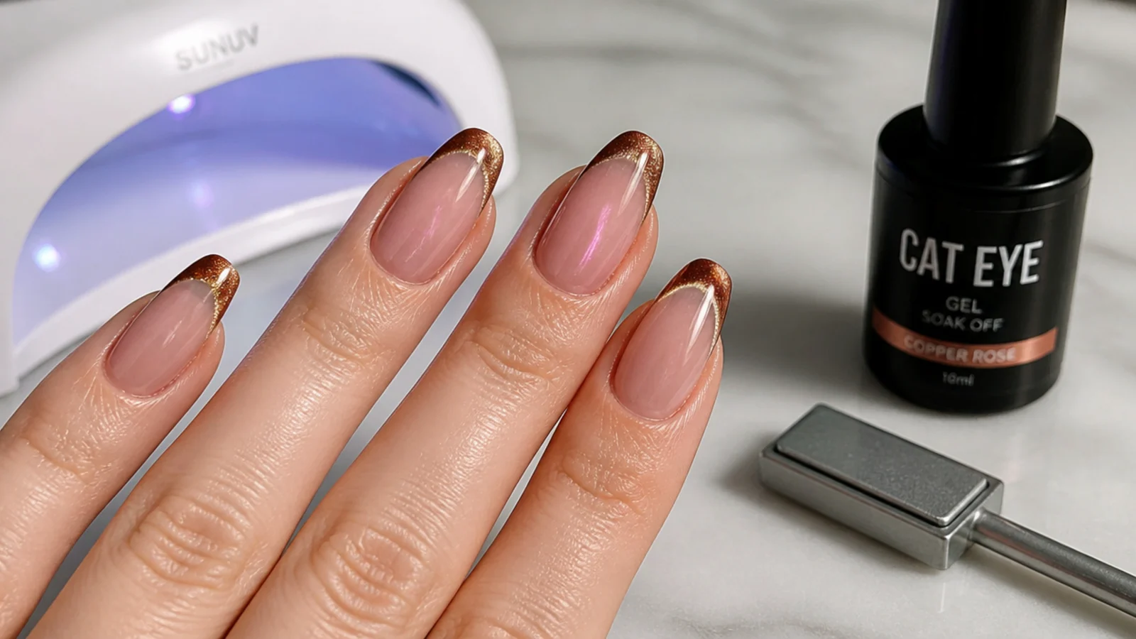 Magnetic gel, a magnet and a lamp set out for a DIY cat eye french tip