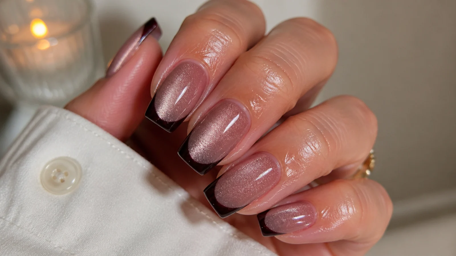 A sealed square cat eye french tip manicure with cuticle oil for longevity