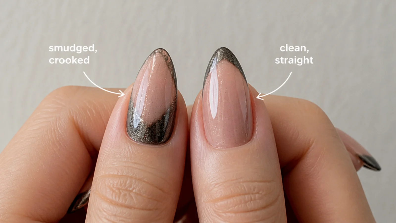A smudged crooked cat eye tip next to a clean straight cat eye tip