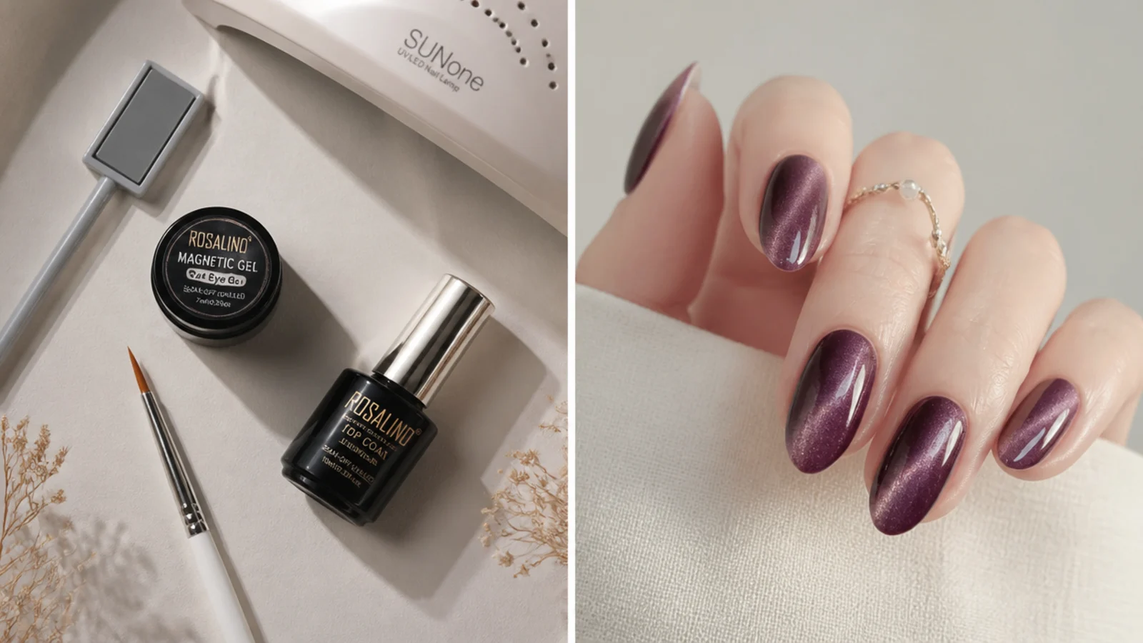 Flat lay of magnetic cat eye gel, a magnet, lamp, liner brush and top coat