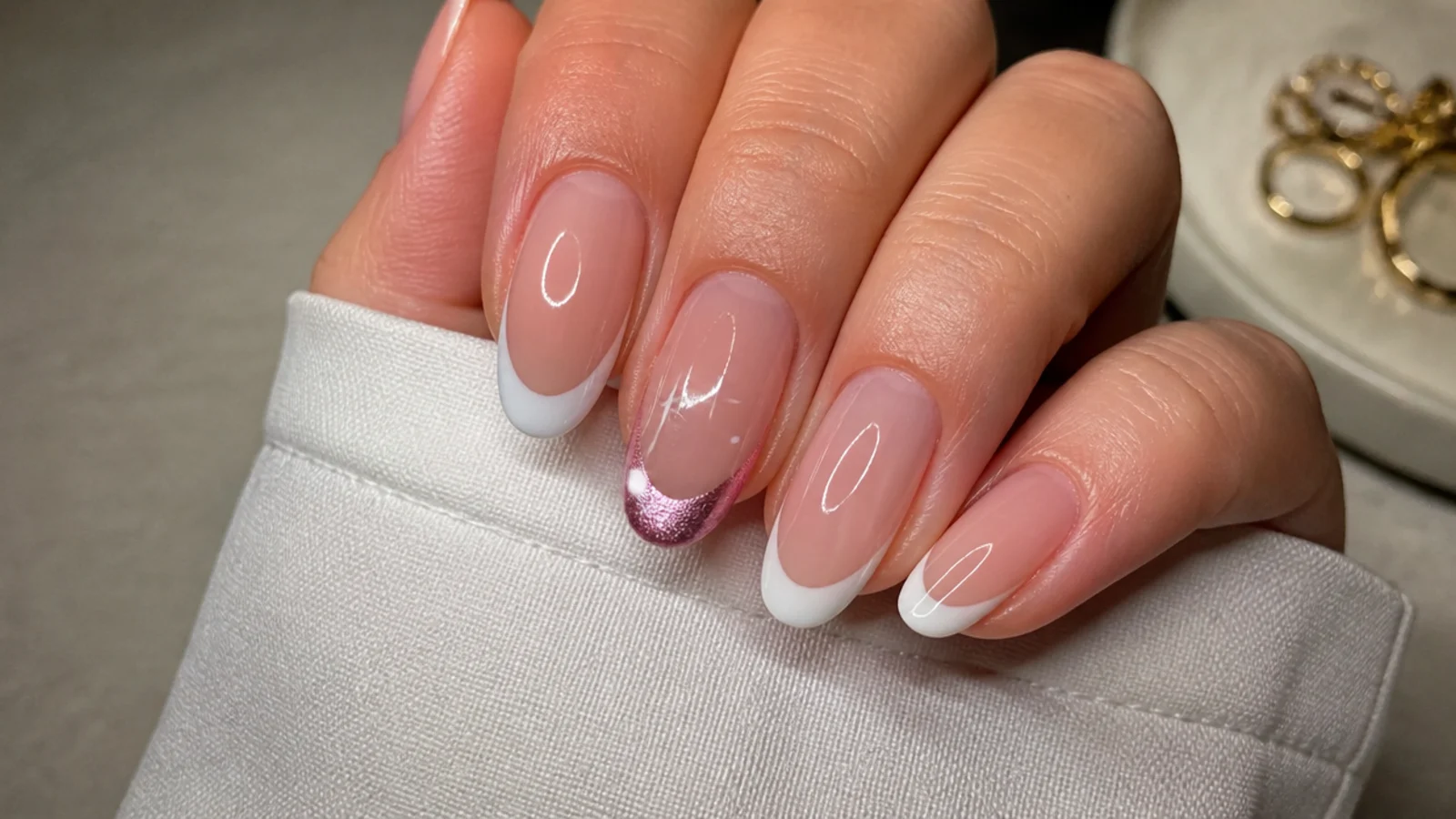 A magnetic cat eye french tip beside a flat white classic french tip