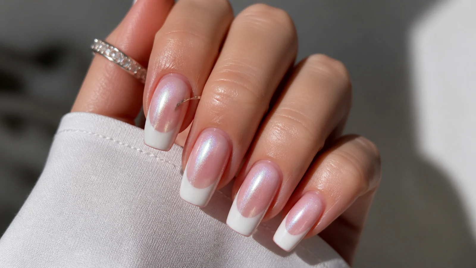 White cat eye french tip nails with a deep, wide tip and a broad light band