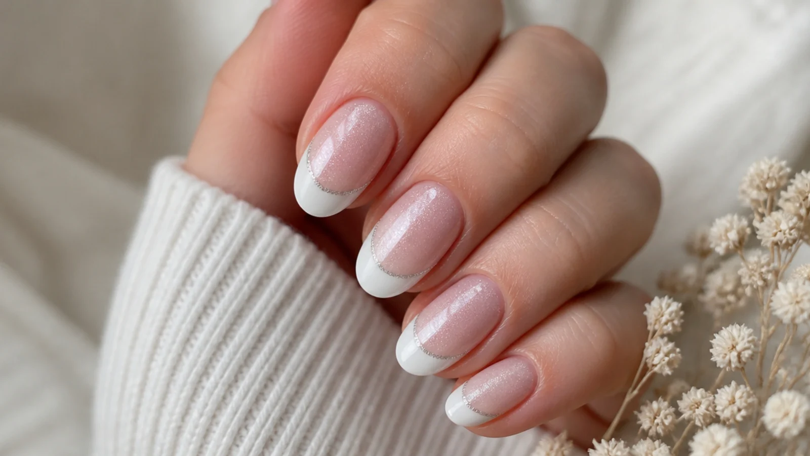 White cat eye french tip nails outlined with a thin silver line along the smile