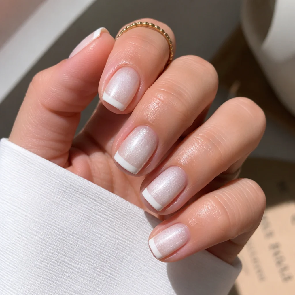Short square white cat eye french tip nails with a neat straight light band