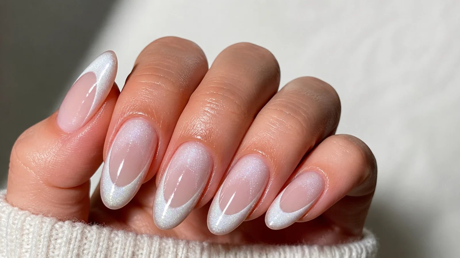 Almond white cat eye french tip nails with a curved light band following the tip