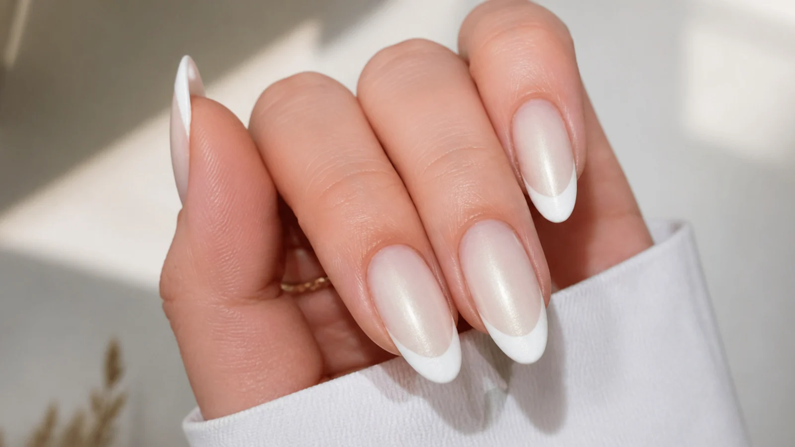 Matte white cat eye french tip nails with a subtle sheen only at the light band