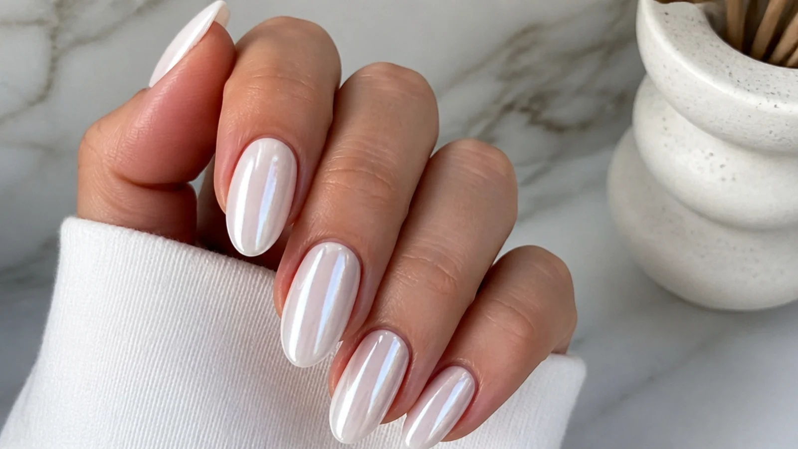 Full-coverage white cat eye nails with the light band running down the whole nail